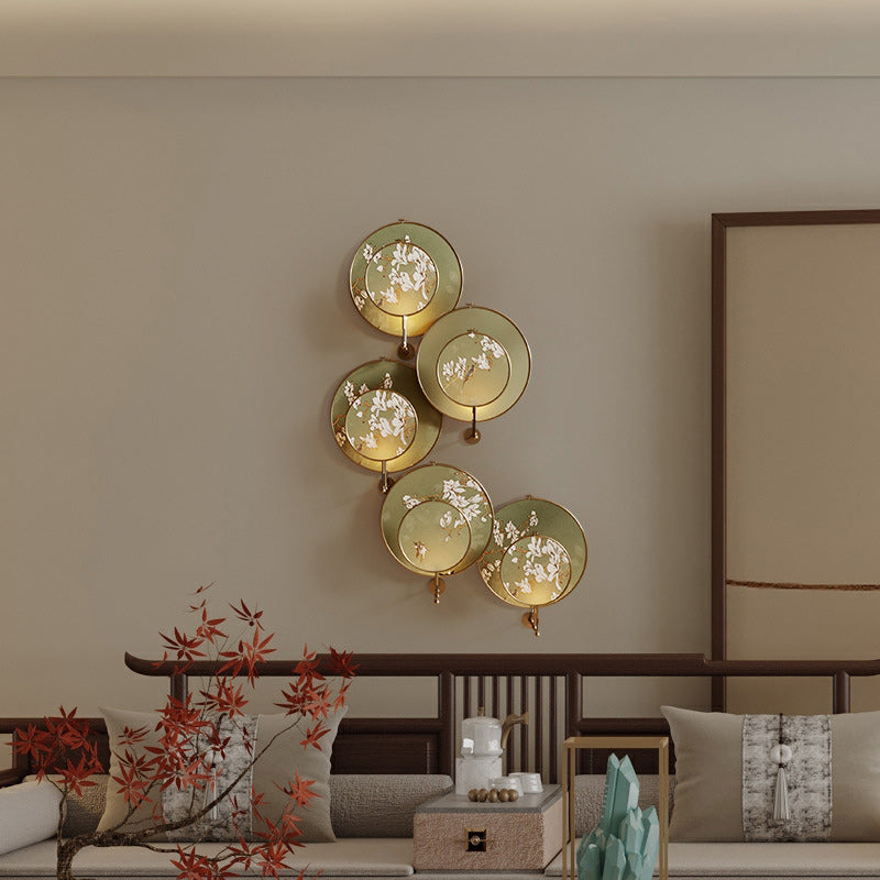 Chinese Pattern Fabric Round Fan 1-Light Wall Sconce Lamp