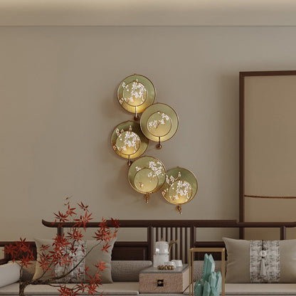 Chinese Pattern Fabric Round Fan 1-Light Wall Sconce Lamp