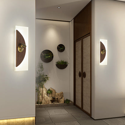 Chinese Walnut Wood Acrylic Shade LED Wall Sconce Lamp