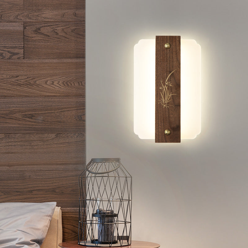 Chinese Walnut Wood Acrylic Shade LED Wall Sconce Lamp