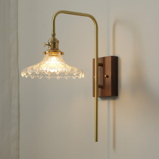 Walnut Brass Flower Glass Shade 1-Light Wall Sconce Lamp