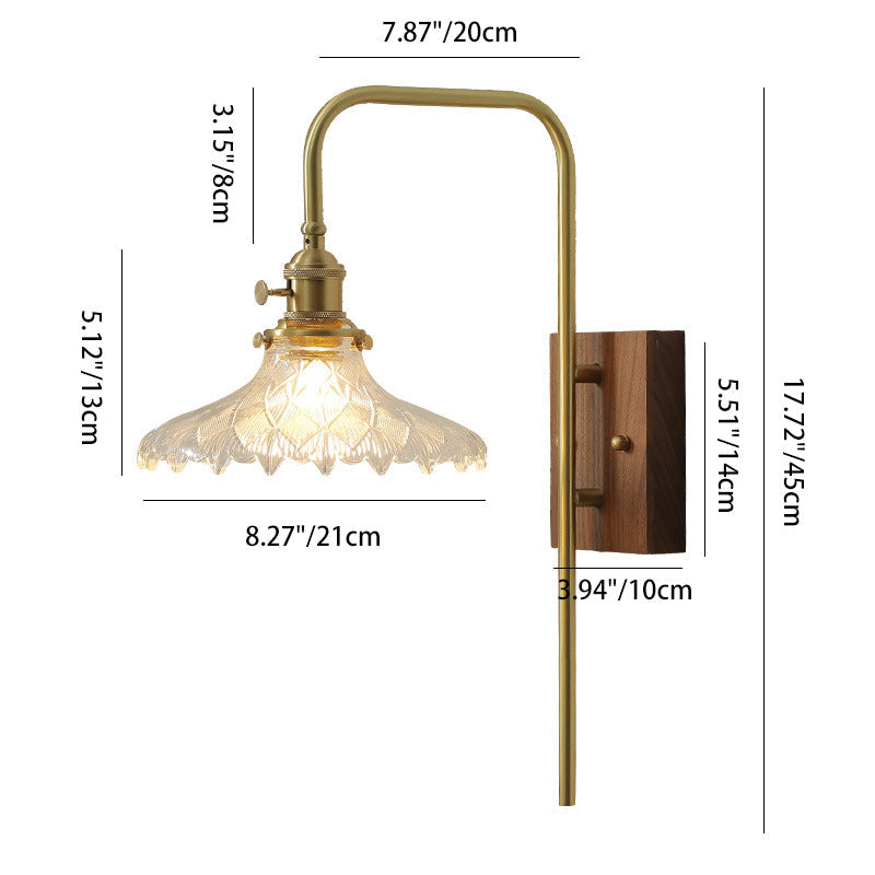Walnut Brass Flower Glass Shade 1-Light Wall Sconce Lamp