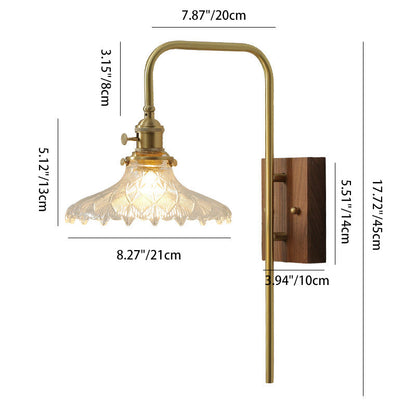 Walnut Brass Flower Glass Shade 1-Light Wall Sconce Lamp