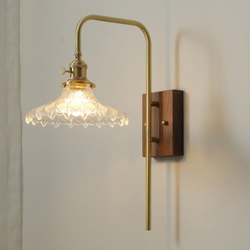 Walnut Brass Flower Glass Shade 1-Light Wall Sconce Lamp