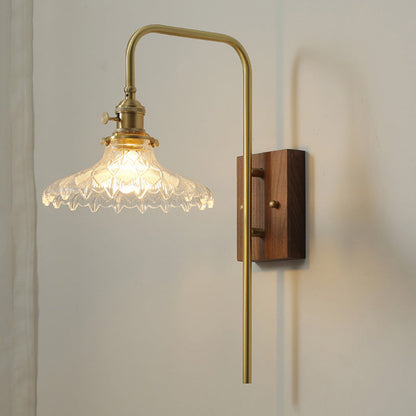 Walnut Brass Flower Glass Shade 1-Light Wall Sconce Lamp