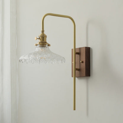Walnut Brass Flower Glass Shade 1-Light Wall Sconce Lamp