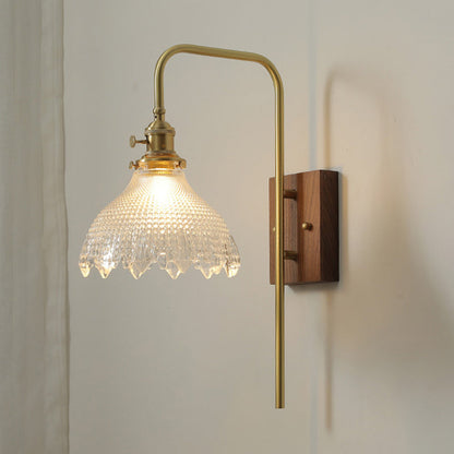 Walnut Brass Flower Glass Shade 1-Light Wall Sconce Lamp