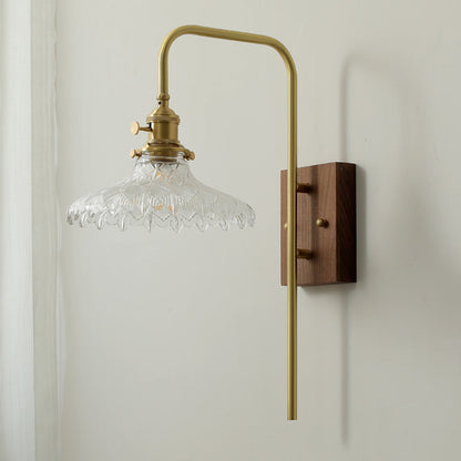 Walnut Brass Flower Glass Shade 1-Light Wall Sconce Lamp