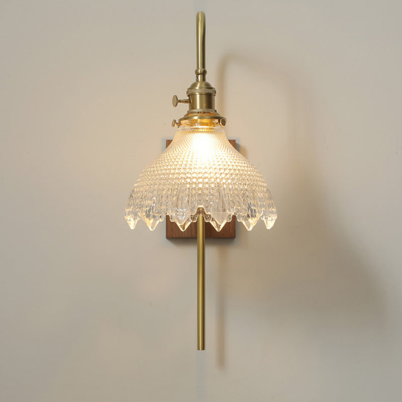 Walnut Brass Flower Glass Shade 1-Light Wall Sconce Lamp