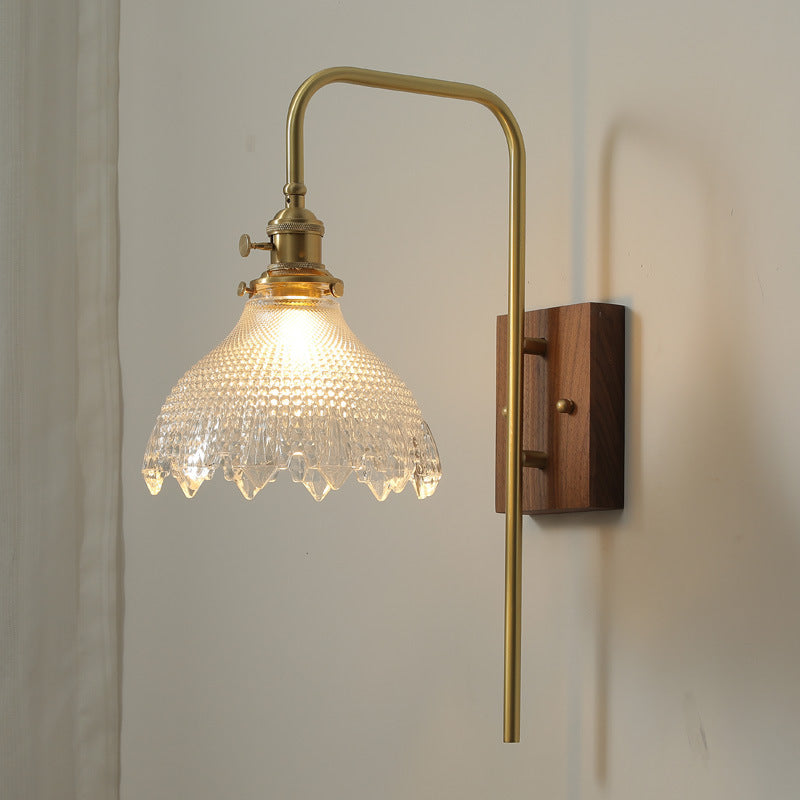 Walnut Brass Flower Glass Shade 1-Light Wall Sconce Lamp