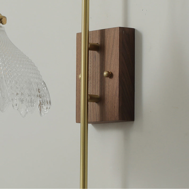 Walnut Brass Flower Glass Shade 1-Light Wall Sconce Lamp