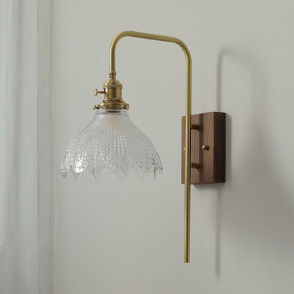 Walnut Brass Flower Glass Shade 1-Light Wall Sconce Lamp