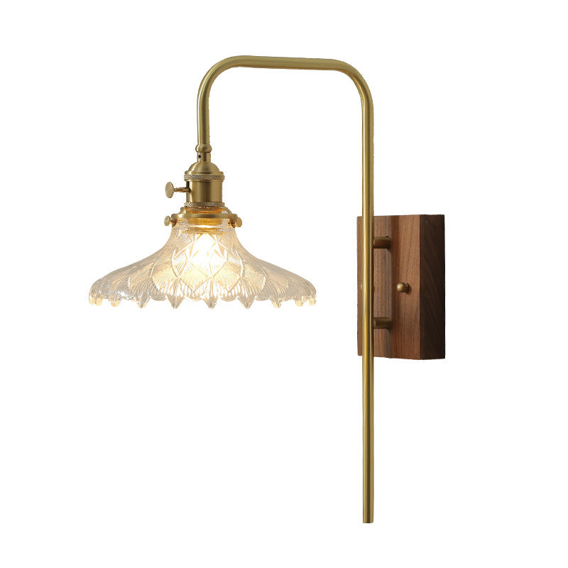 Walnut Brass Flower Glass Shade 1-Light Wall Sconce Lamp
