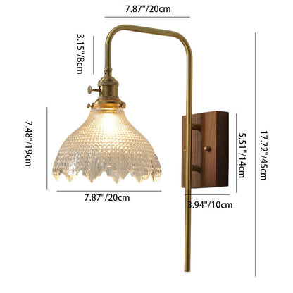 Walnut Brass Flower Glass Shade 1-Light Wall Sconce Lamp