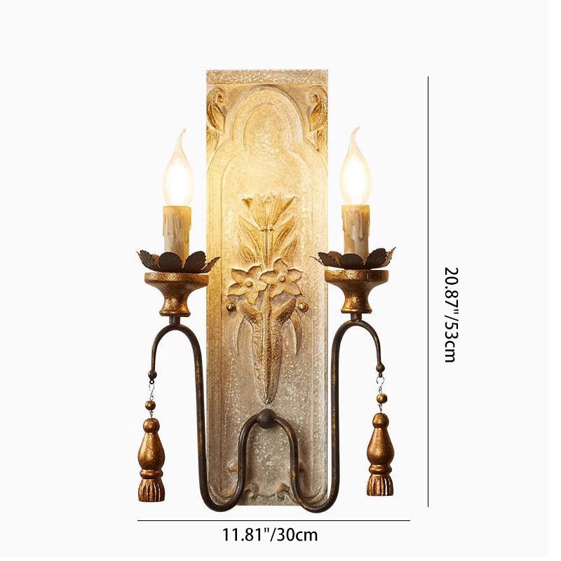 Distressed Wood Iron Candelabra 2-Light Wall Sconce Lamp