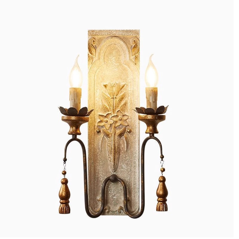 Distressed Wood Iron Candelabra 2-Light Wall Sconce Lamp
