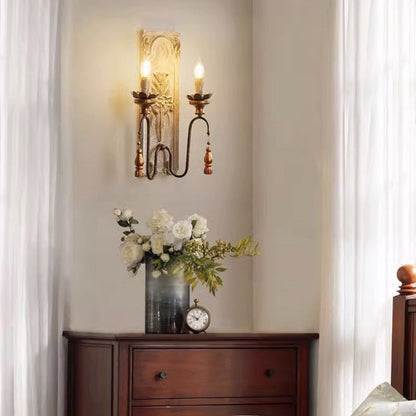 Distressed Wood Iron Candelabra 2-Light Wall Sconce Lamp