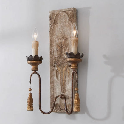 Distressed Wood Iron Candelabra 2-Light Wall Sconce Lamp