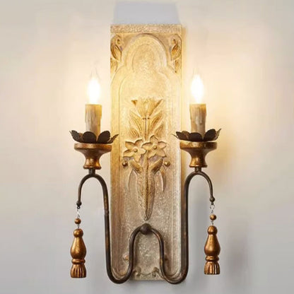 Distressed Wood Iron Candelabra 2-Light Wall Sconce Lamp