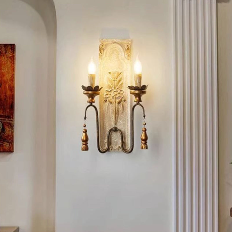 Distressed Wood Iron Candelabra 2-Light Wall Sconce Lamp