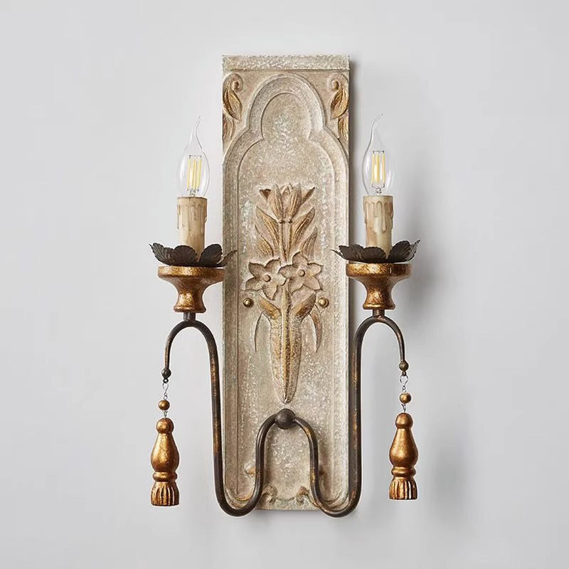 Distressed Wood Iron Candelabra 2-Light Wall Sconce Lamp