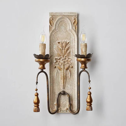 Distressed Wood Iron Candelabra 2-Light Wall Sconce Lamp