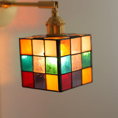 Tiffany Glass Rubik's Cube Brass 1-Light Wall Sconce Lamp
