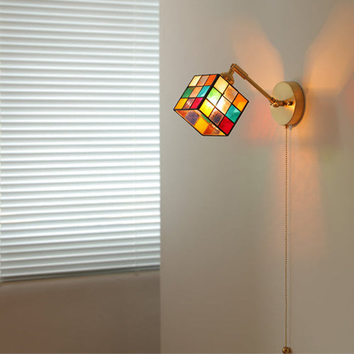 Tiffany Glass Rubik's Cube Brass 1-Light Wall Sconce Lamp