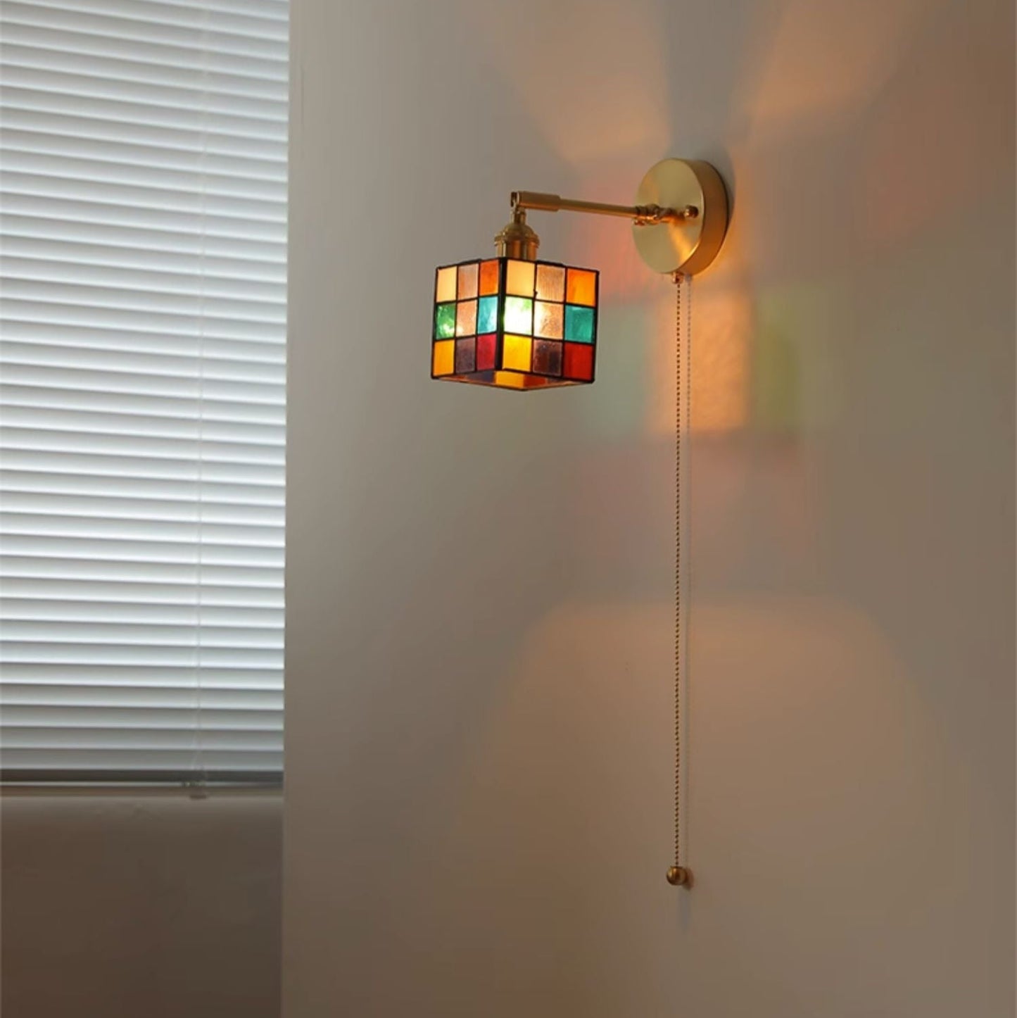 Tiffany Glass Rubik's Cube Brass 1-Light Wall Sconce Lamp