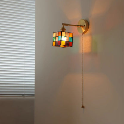 Tiffany Glass Rubik's Cube Brass 1-Light Wall Sconce Lamp