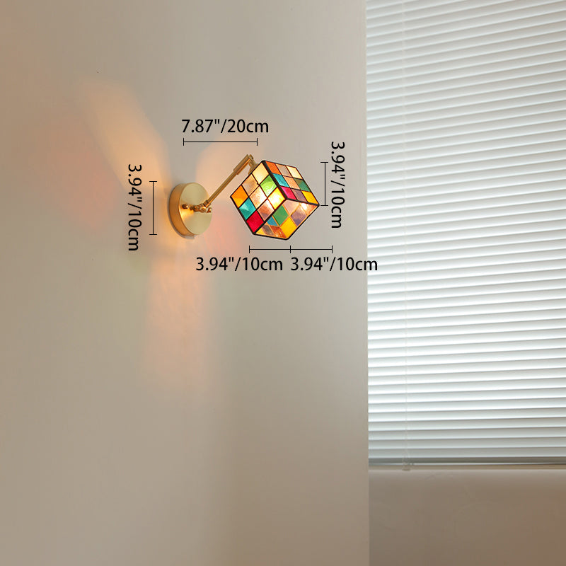 Tiffany Glass Rubik's Cube Brass 1-Light Wall Sconce Lamp