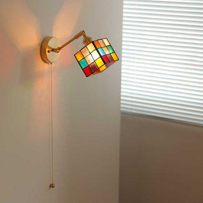 Tiffany Glass Rubik's Cube Brass 1-Light Wall Sconce Lamp