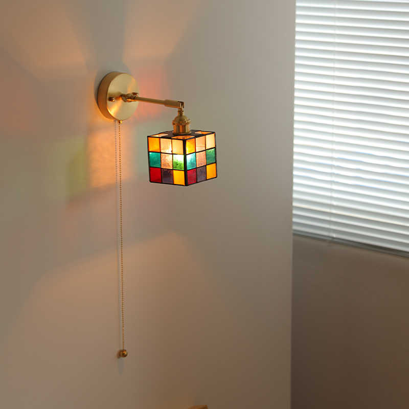 Tiffany Glass Rubik's Cube Brass 1-Light Wall Sconce Lamp