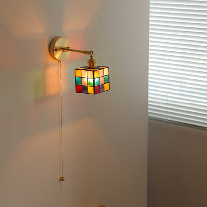 Tiffany Glass Rubik's Cube Brass 1-Light Wall Sconce Lamp