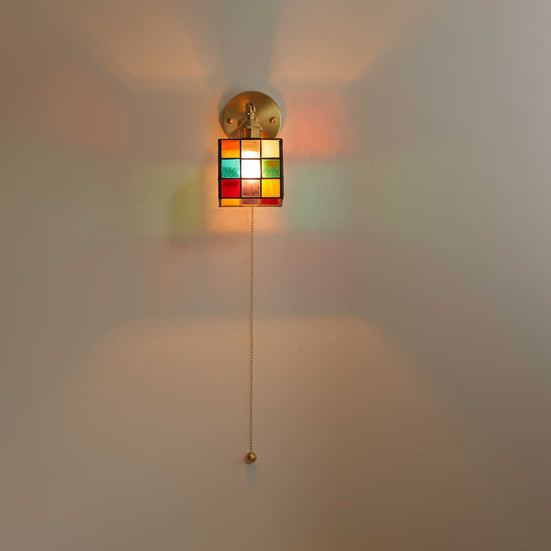 Tiffany Glass Rubik's Cube Brass 1-Light Wall Sconce Lamp