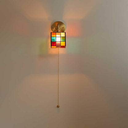 Tiffany Glass Rubik's Cube Brass 1-Light Wall Sconce Lamp