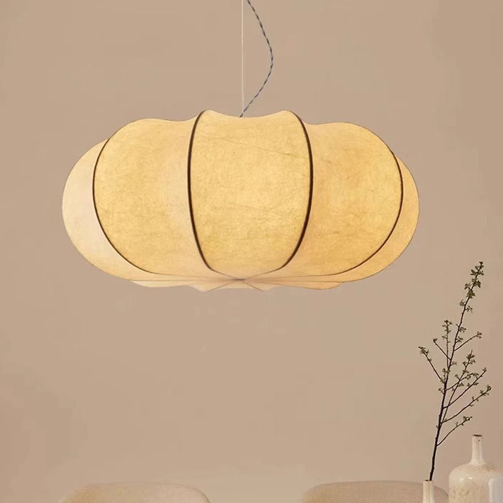 Traditional Japanese Pumpkin Round Iron Silk 2/3-Light Pendant Light For Living Room