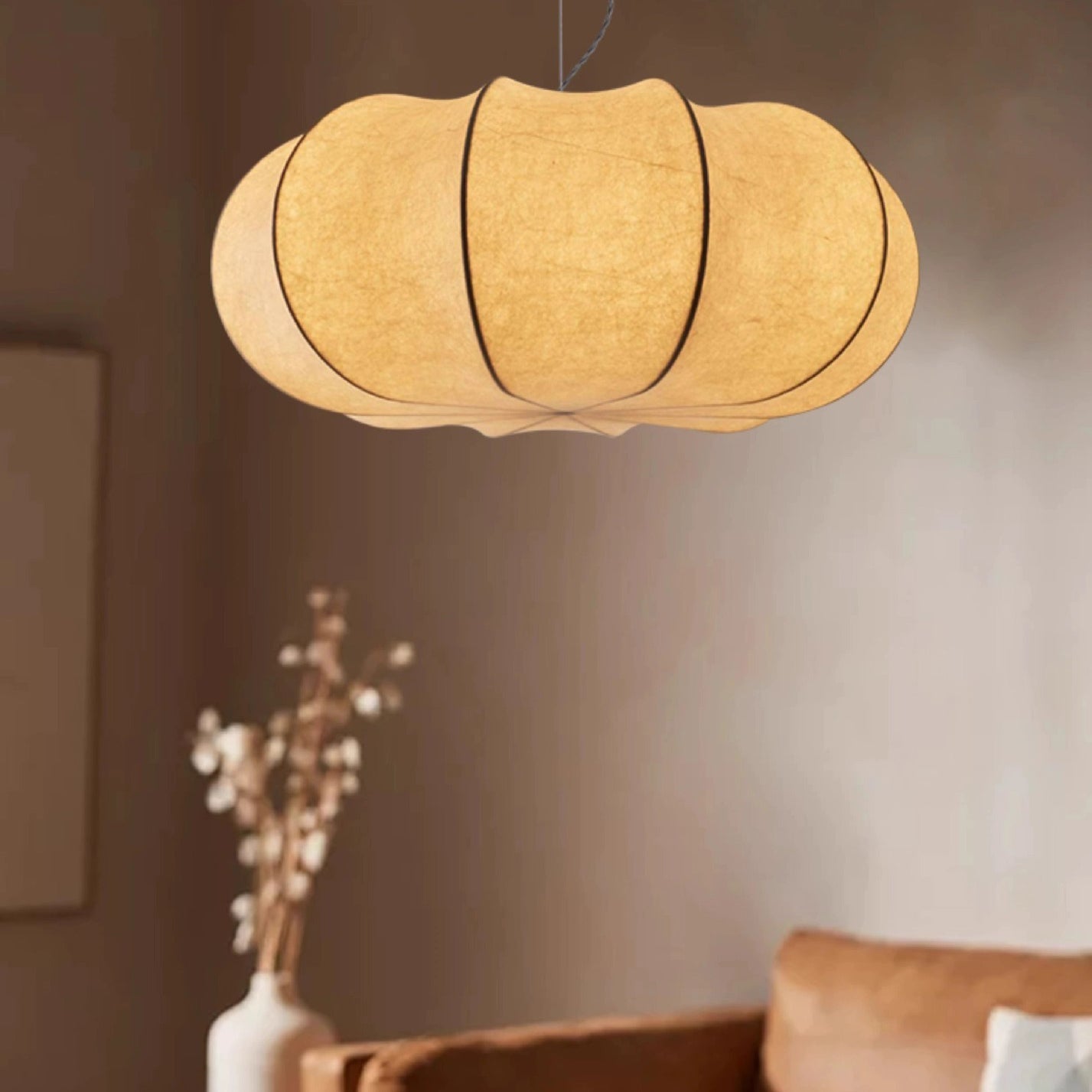 Traditional Japanese Pumpkin Round Iron Silk 2/3-Light Pendant Light For Living Room