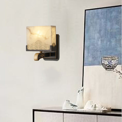 Chinese Square Copper Marble 1-Light Wall Sconce Lamp