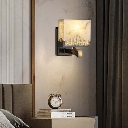 Chinese Square Copper Marble 1-Light Wall Sconce Lamp