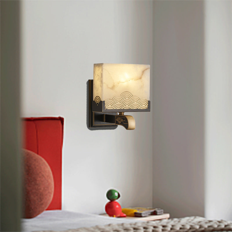 Chinese Square Copper Marble 1-Light Wall Sconce Lamp