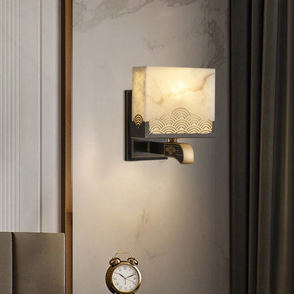 Chinese Square Copper Marble 1-Light Wall Sconce Lamp
