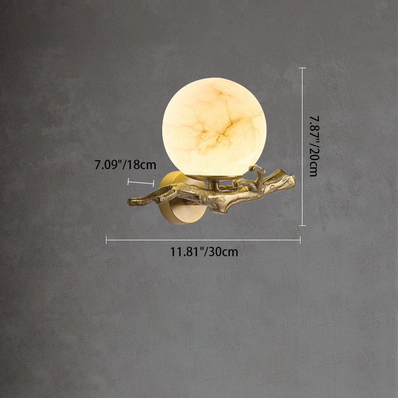 Chinese Orb Twig Copper Marble 1-Light Wall Sconce Lamp