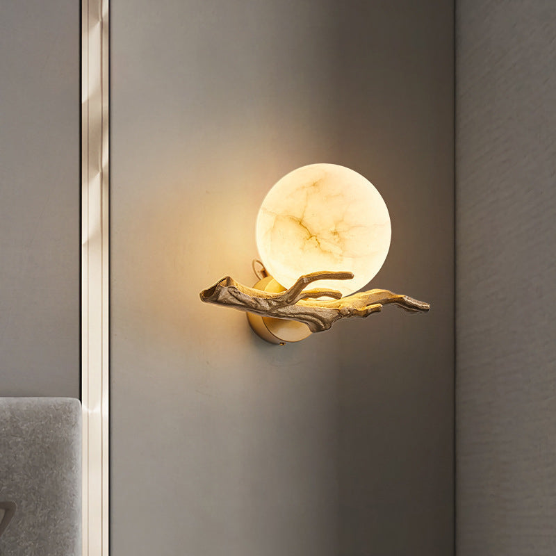 Chinese Orb Twig Copper Marble 1-Light Wall Sconce Lamp