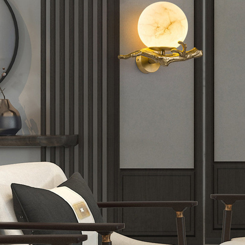 Chinese Orb Twig Copper Marble 1-Light Wall Sconce Lamp
