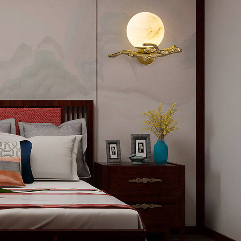 Chinese Orb Twig Copper Marble 1-Light Wall Sconce Lamp