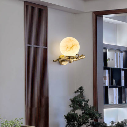 Chinese Orb Twig Copper Marble 1-Light Wall Sconce Lamp