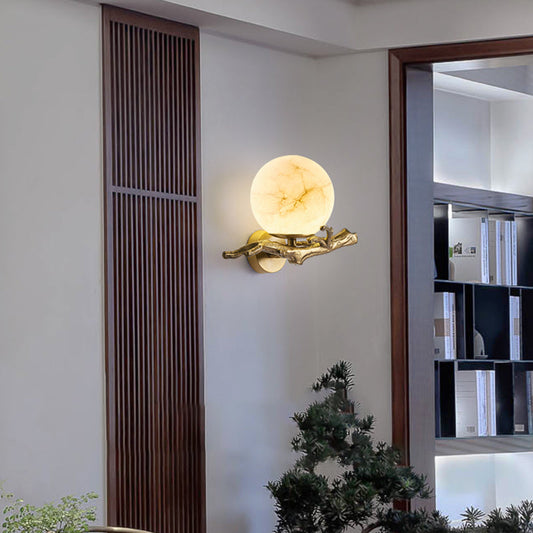 Chinese Orb Twig Copper Marble 1-Light Wall Sconce Lamp