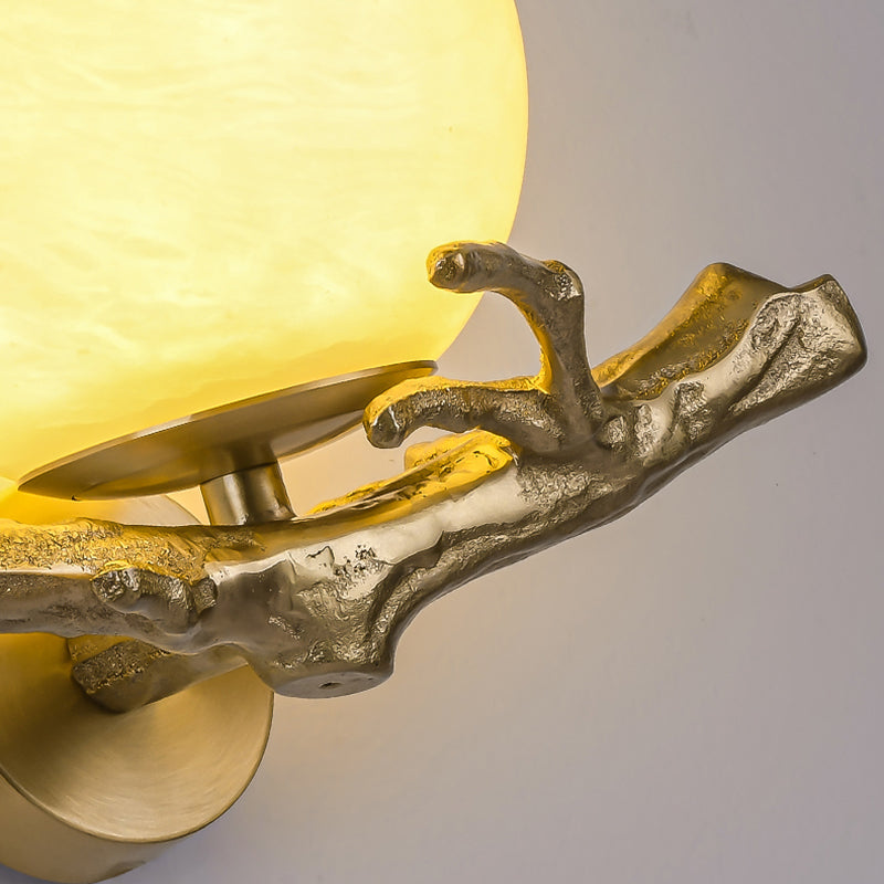 Chinese Orb Twig Copper Marble 1-Light Wall Sconce Lamp