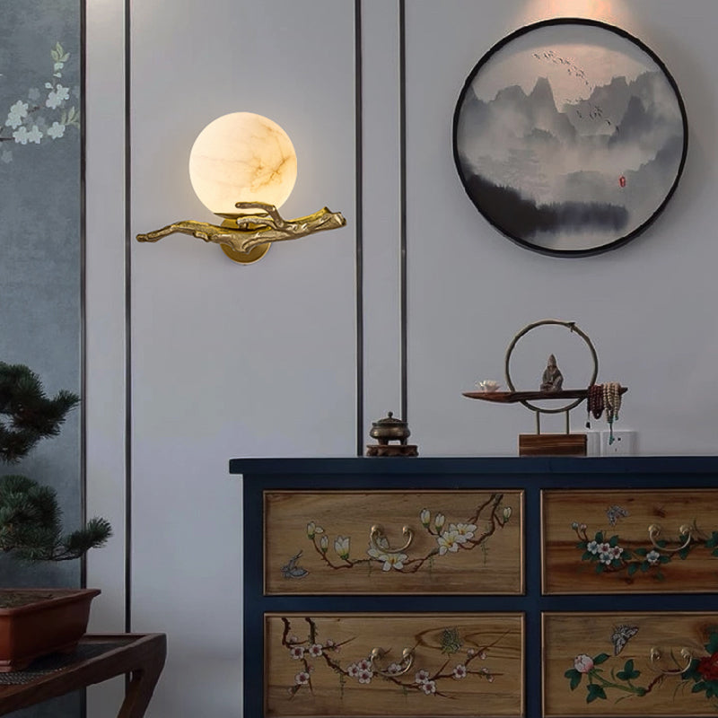 Chinese Orb Twig Copper Marble 1-Light Wall Sconce Lamp